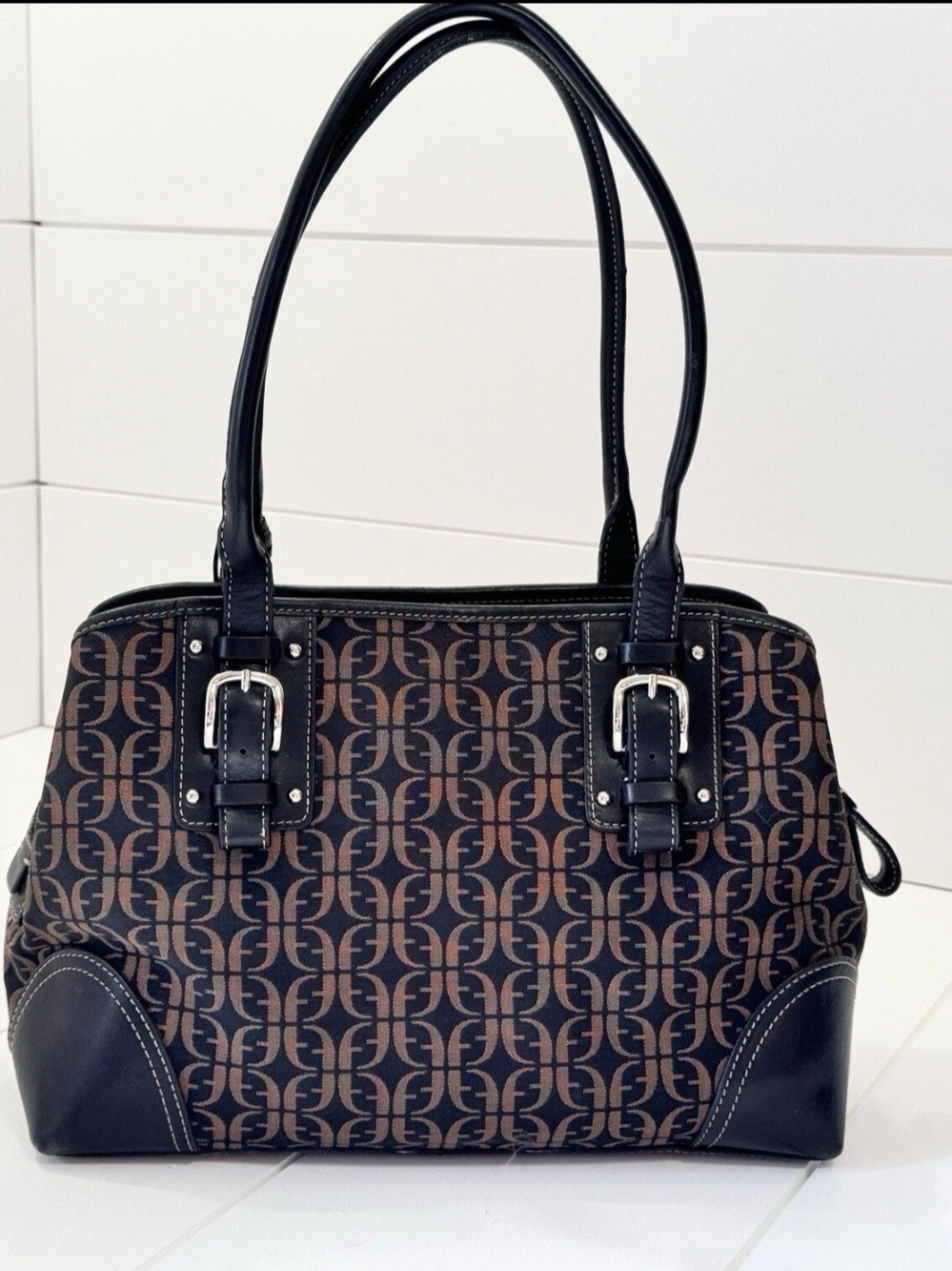 Y2k Barrel Bag Fossil Signature Canvas and Leather Monogram Print Bag